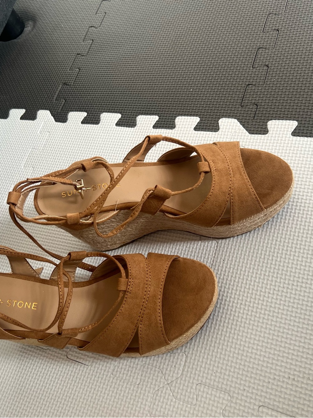 Suede Ankle-Tie Wedge Sandals in Tan